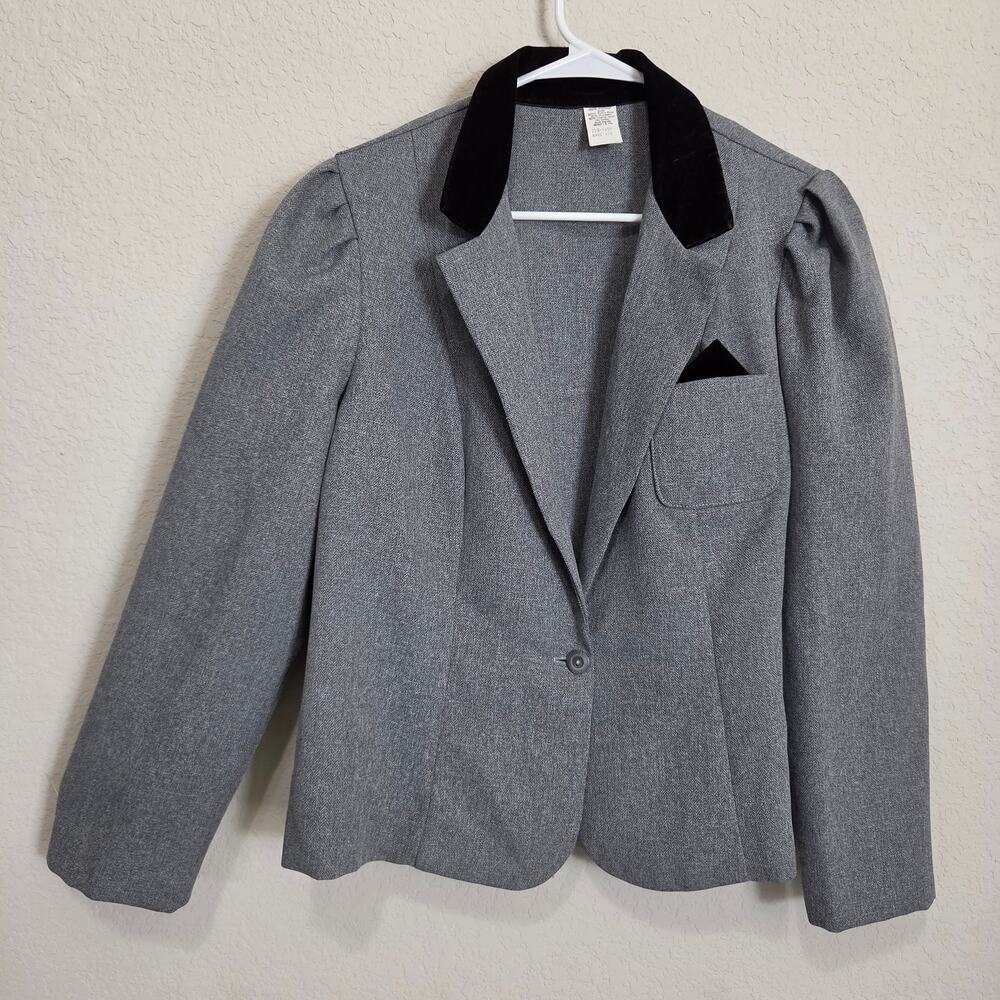 Vintage Gray Herringbone Blazer Womens L Velvet Collar Puff Sleeve Office UB
